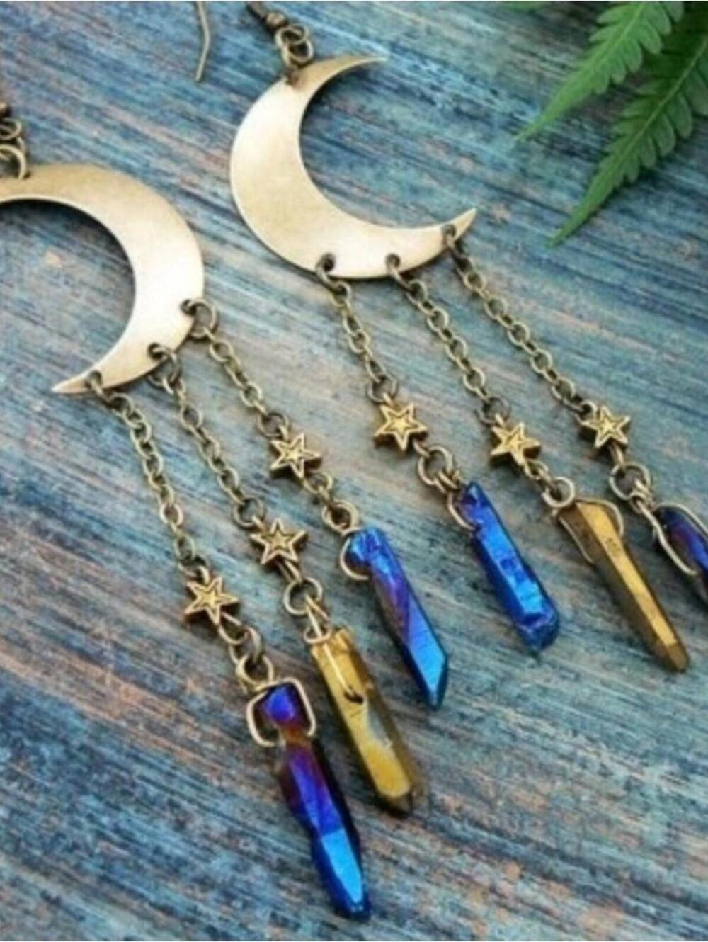 Gilded Nightfall Crescent Moon Aura Quartz Crystal Earrings